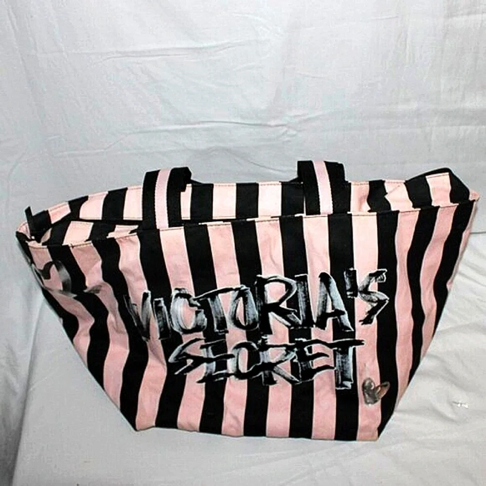 Victoria's Secret Pink & Black Striped Tote Bag – Zipper Top, Spacious & Chic